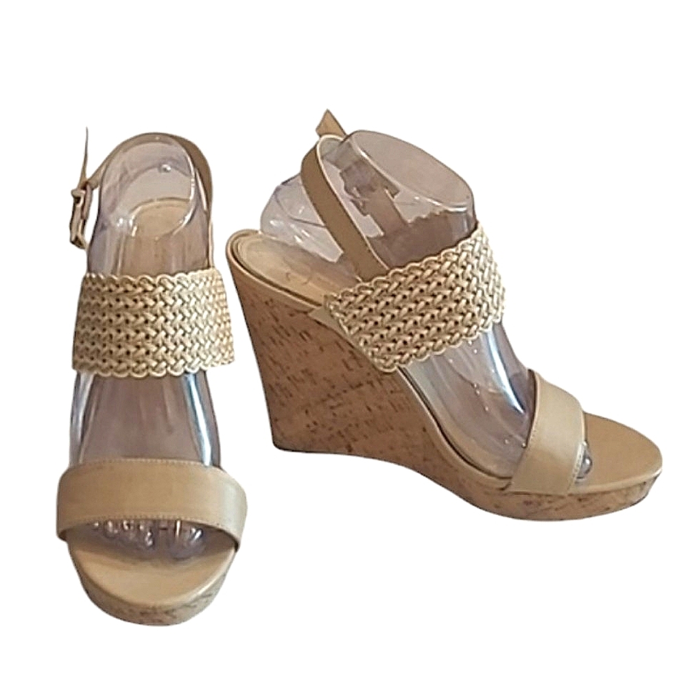 Jessica Simpson Jellia Strappy Wedge Sandal Cork High Heel Weaved Detail Sz 9.5